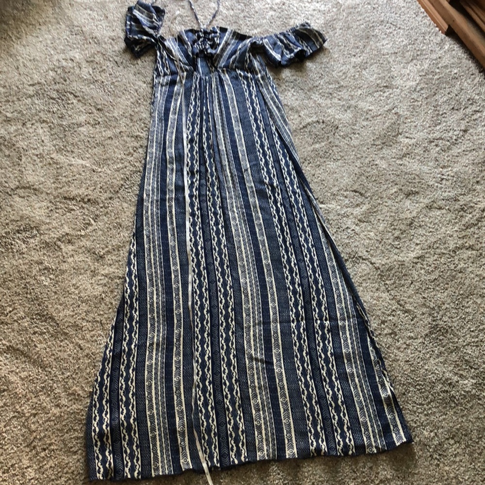 🆕Maxi Summer Blues Off-shoulder Boho Chic spring/summer dress! Ivory/blue! M - Picture 13 of 14